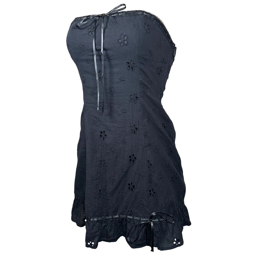 Black‎ Eyelet Strapless Mini Dress 2 Goth Coquette Ribbon Bow Ruffle Whimsigoth